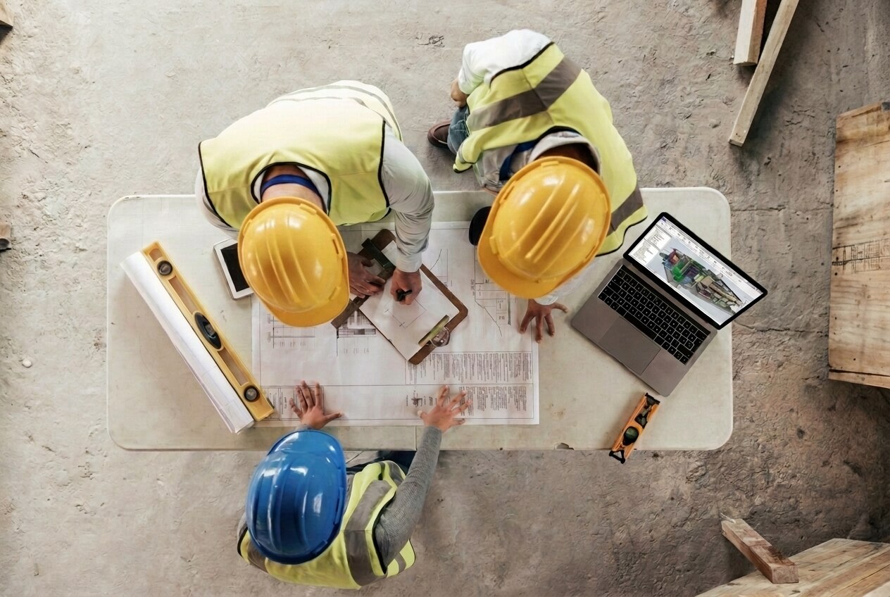 Construction team reviewing building plans on a job site table with a laptop showing a 3D model